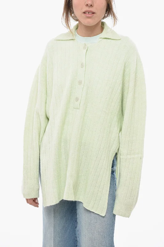Rus Wool Blend Sweater with Polo Neck Mesh Fabric Canvas Fabric Denim Fabric