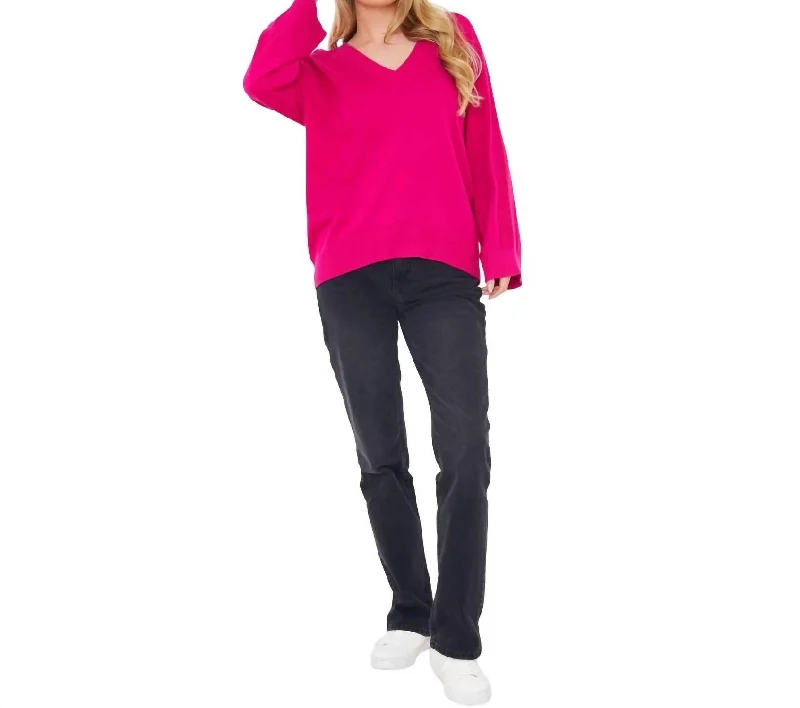 Saddle Shoulder Rib Knit Sweater In Fuschia Solid Color Striped Floral Print