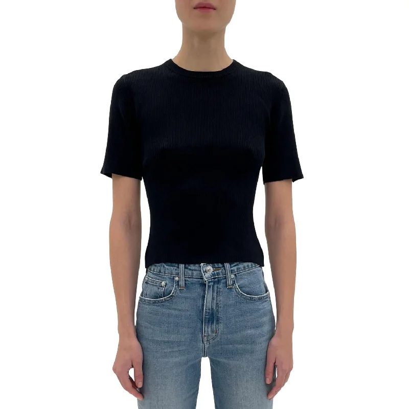 Salma Ribbed Short Sleeve Sweater In Black Ribbed Striped Patterned