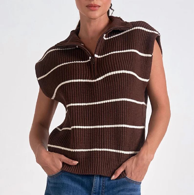 Sleeveless Zip Up Sweater In Brown Stripe Spandex Blend Rayon Blend Denim Blend