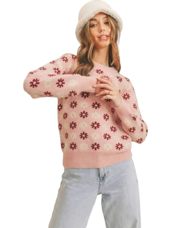 Snowflake Print Crew Neck Sweater In Pink Elasticated Padded Insulated