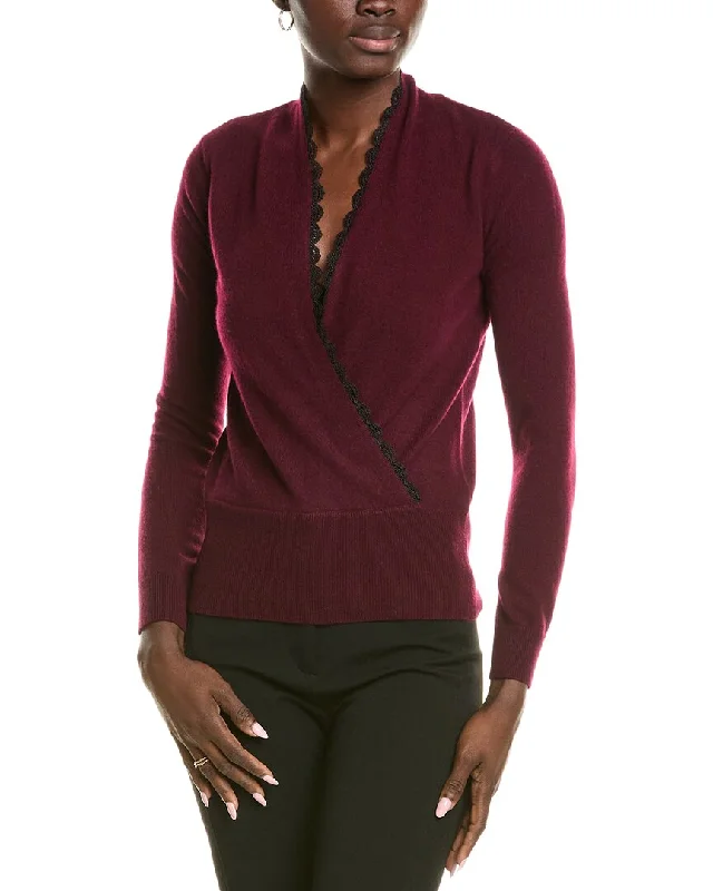 sofiacashmere Lace Trim Surplice Cashmere Sweater Mesh Sweater Canvas Denim