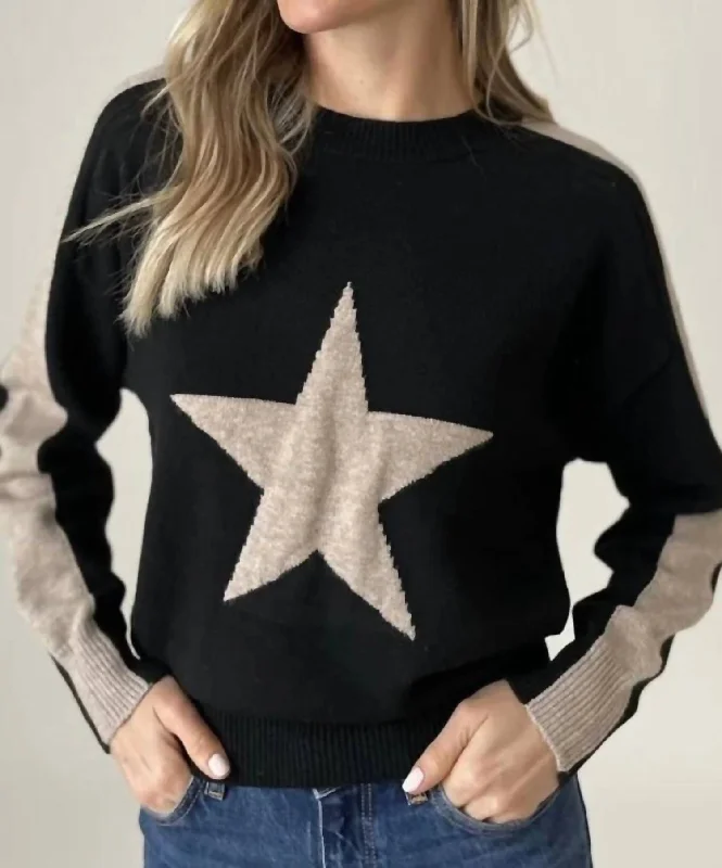 Star Graphic Sweater In Black/camel Front Pockets Side Pockets Patch Pockets