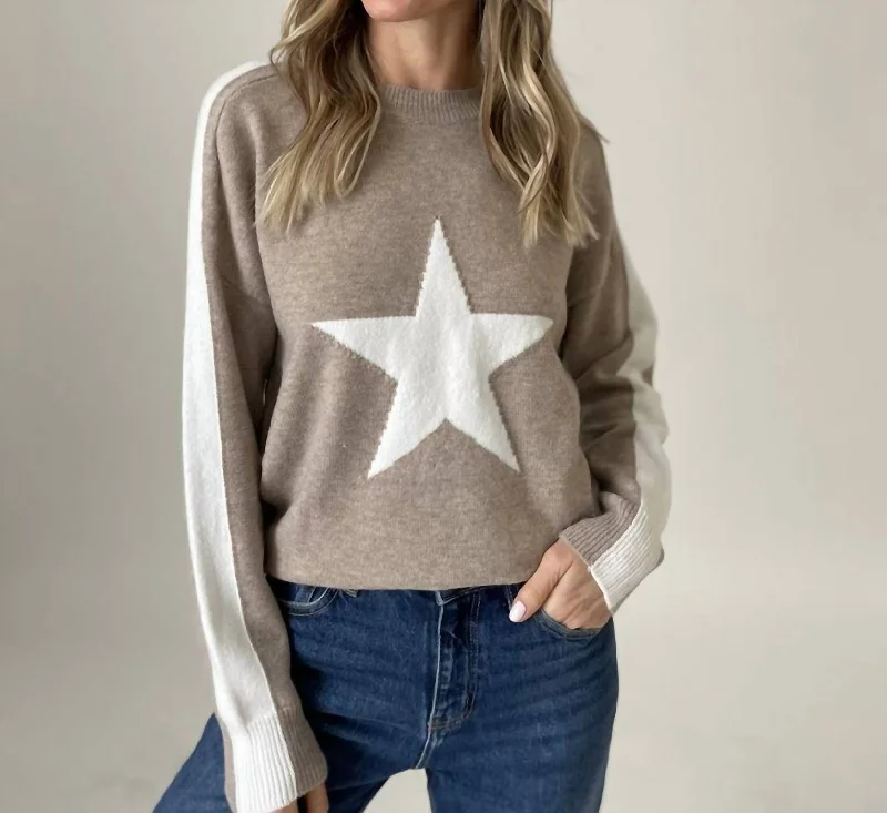 Star Graphic Sweater In Latte/white Toggled Drawstring Belted