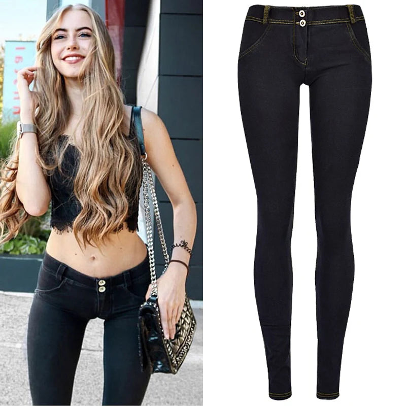 Stretch Jeans Low Waist Women Tight Skinny Denim Pants Buttock Push Up Leggings Chic Double Waistband Jeans