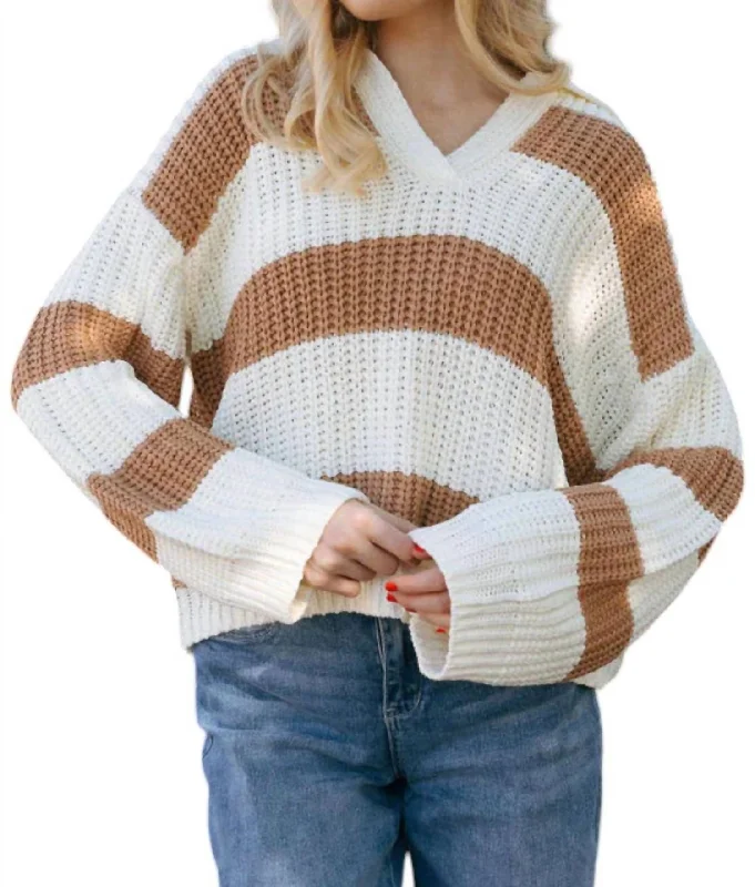 Stripe Sweater In Camel Iron Safe Non-Iron Wrinkle Free