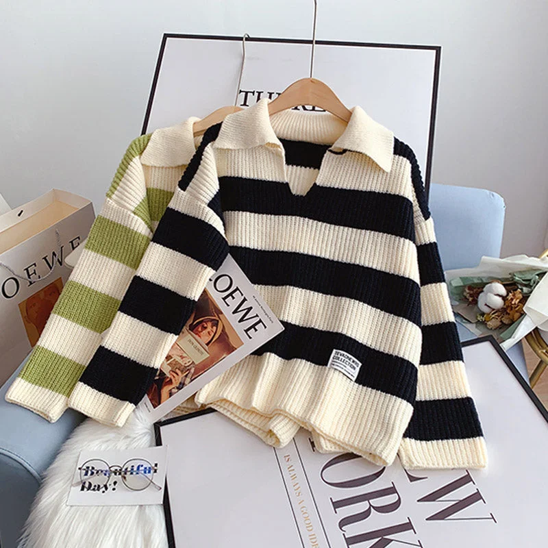 Striped loose Pullover Sweater sweater top  5115 Fitted Slim Tailored