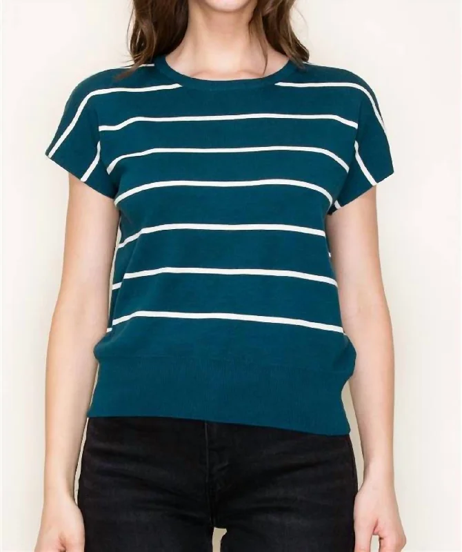 Striped Short Sleeve Sweater Top In Teal Elasticated Padded Insulated