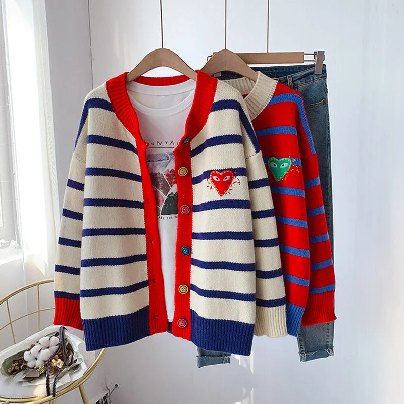 Striped sweater net red knitted cardigan  5074 High Neck Crew Neck V-Neck