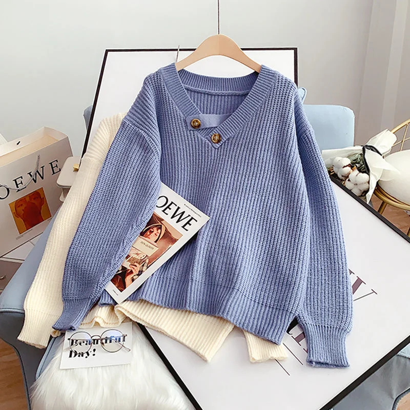 V-neck Pullover Sweater women's design sense niche sweater top  5092 Oversized Loose Flowy