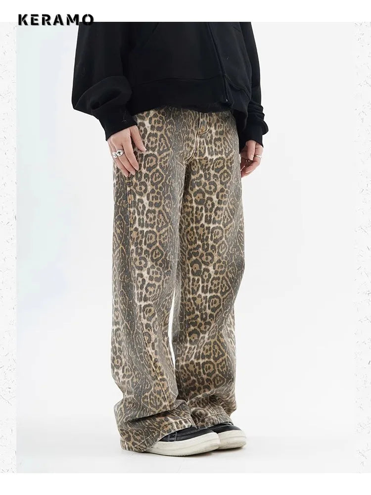 Vintage Leopard Print Jeans Women Spring Oversize Casual Hip Pop Wide Leg Trouser Fashionable Raw Edge Jeans