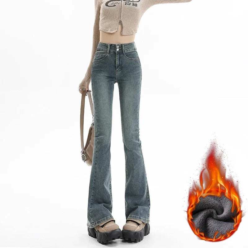 Vintage Women's Fleece Thickened Flare Jeans Winter Warm Fashion Korean Y2K Fashionable Button-Front Jeans