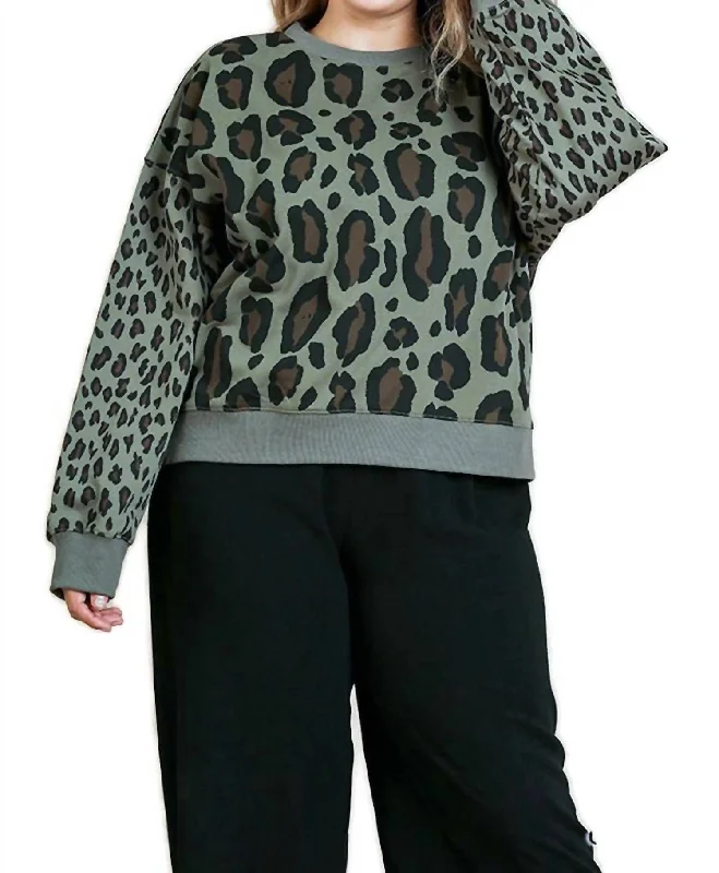 Wild Leopard Sweater In Olive Mix Fleece Fabric Down Fabric Feather Fabric