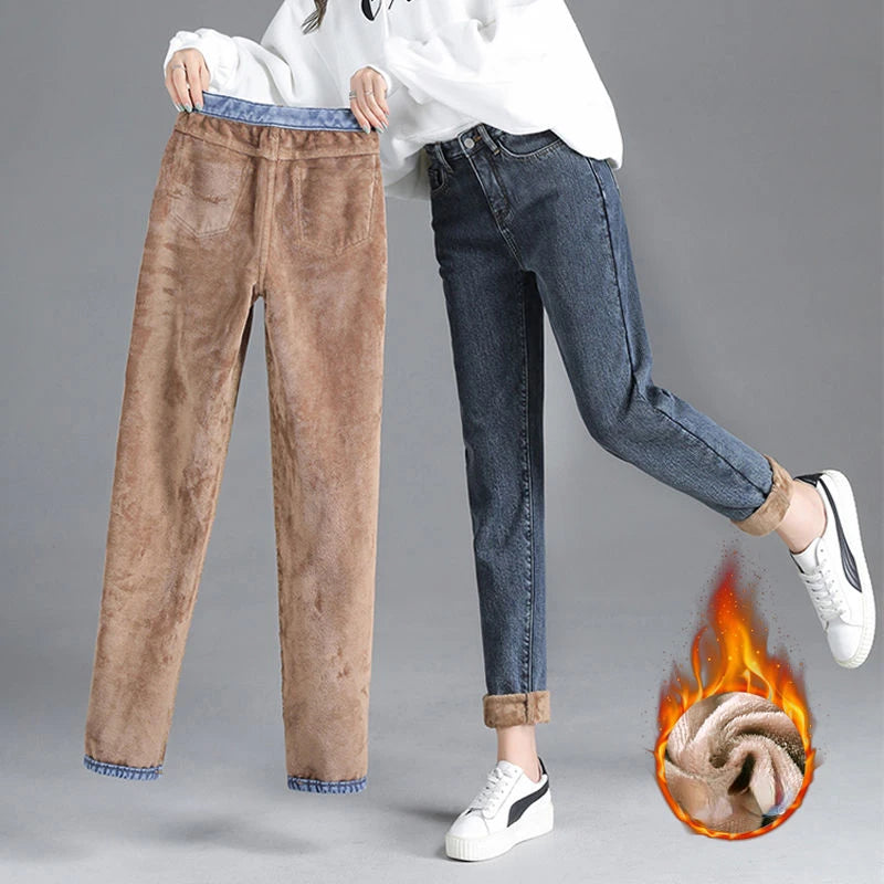 Winter Warm Fleece Jeans Women's High Waist Thick Harlan Straight Denim Pants Comfortable Jogger Style Jeans Winter Warm Fleece Jeans Women's High Waist Thick Harlan Straight Denim Pants Comfortable Jogger Style Jeans