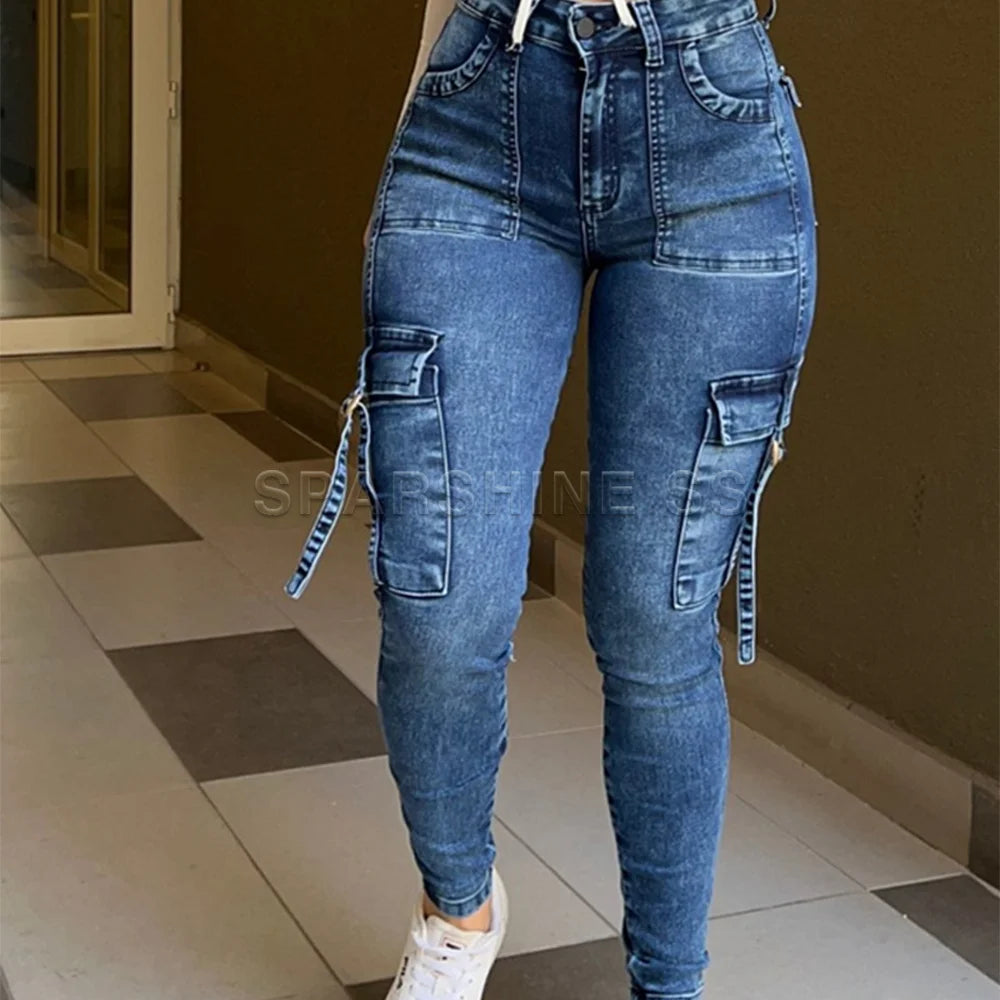 Women Fashion Autumn Winter High Waist Elastic Slim Fit Jeans Fashionable Relaxed Fit Denim