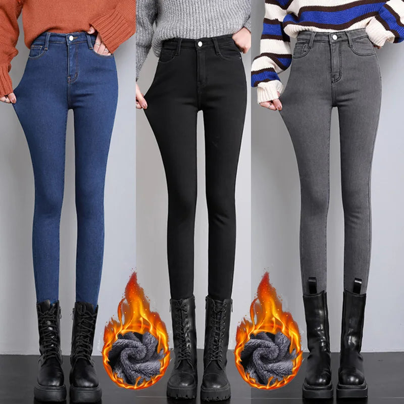 Women Thermal Jeans Stretch High Waist Winter Plush Warm Jeans Stylish Shredded Denim Jeans Women Thermal Jeans Stretch High Waist Winter Plush Warm Jeans Stylish Shredded Denim Jeans