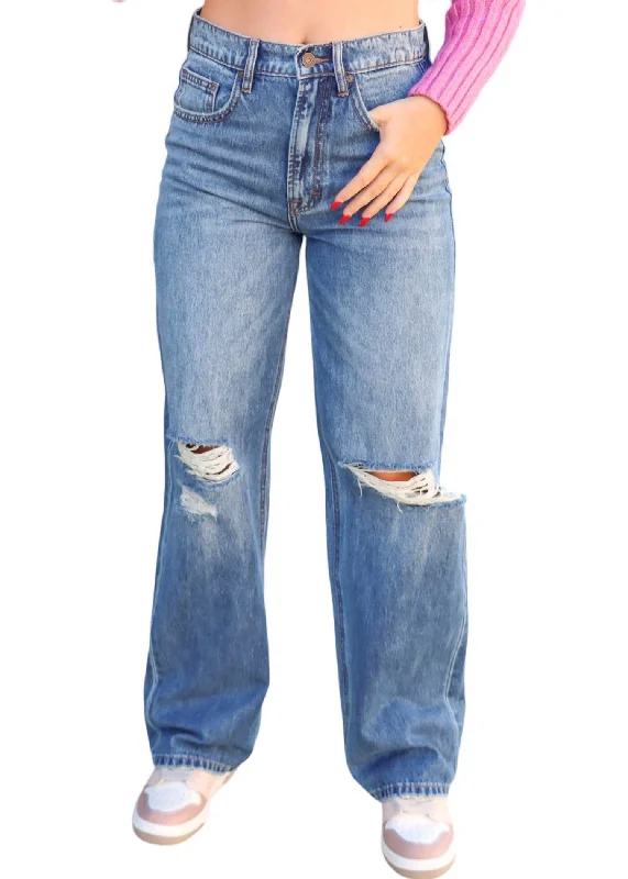 Women's Baggy Jeans In Medium Wash Comfortable Mid-Rise Jeans
