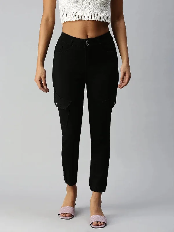 Women's Black Solid Denim Jeans-IM9829-Black Fashionable Button-Front Jeans