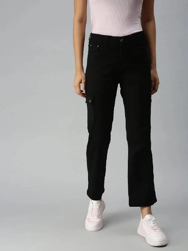 Women's Black Solid Denim Straight Jeans-LTSF30070-Black Elegant Wide-Leg Jeans