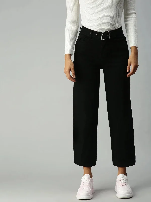 Women's Black Solid Denim Wide Leg Jeans-IM9811-Black Chic Double Waistband Jeans
