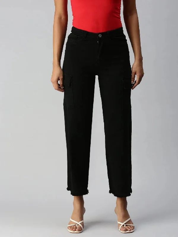 Women's Black Solid Denim Wide Leg Jeans-IM9812-Black Fashionable White Denim Jeans