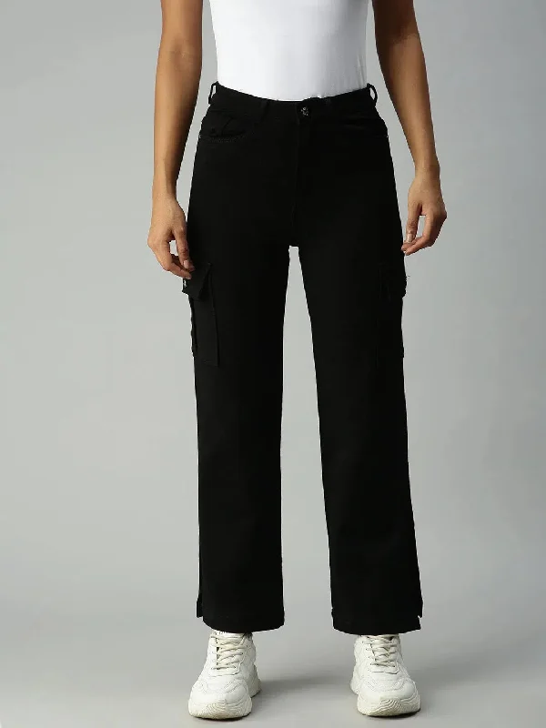 Women's Black Solid Denim Wide Leg Jeans-IM9830-Black Trendy Pleated Waist Jeans