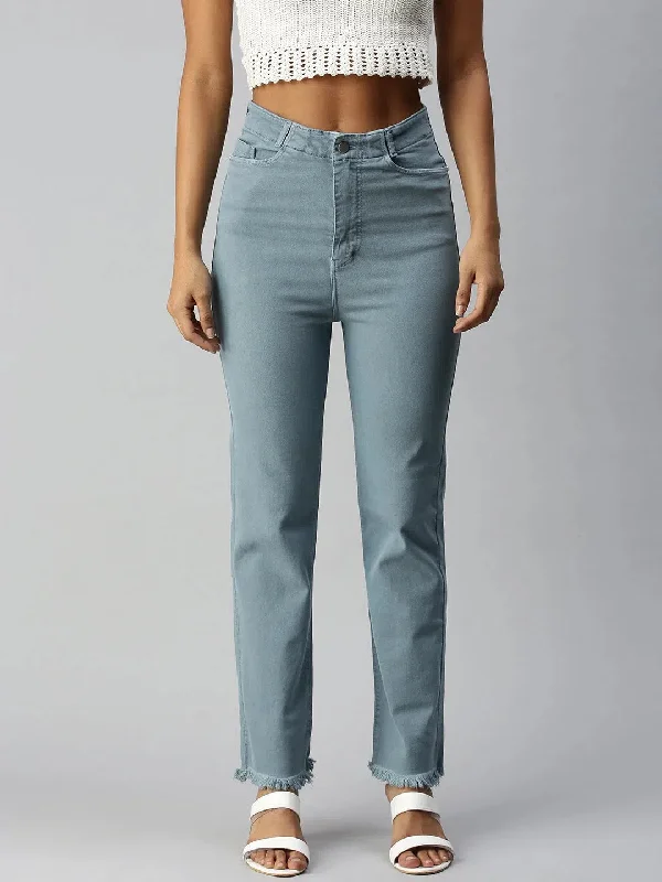 Women's Blue Solid Denim Relaxed Jeans-IM9708-Blue Comfortable Dark Wash Jeans