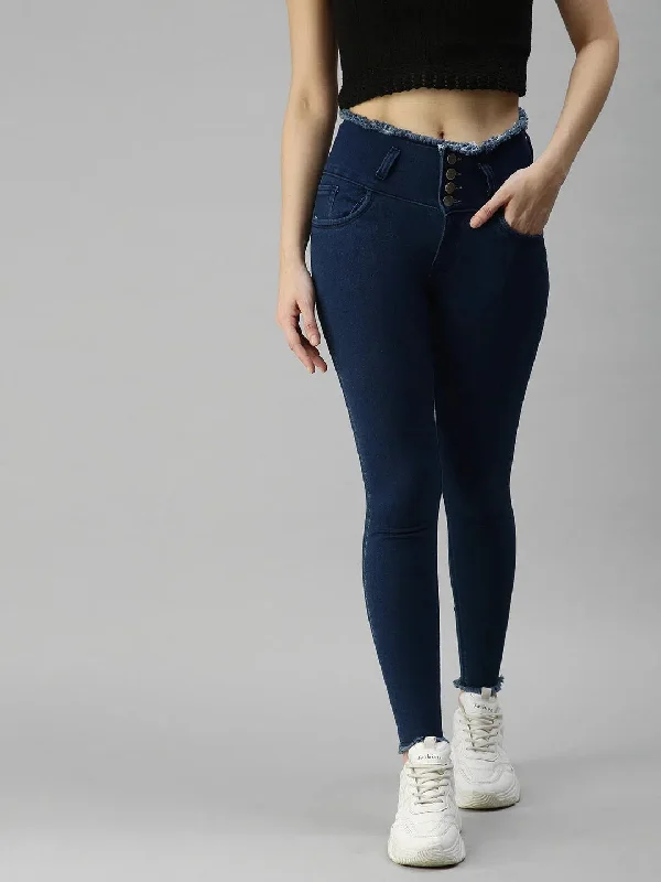 Women's Blue Solid Denim Skinny Jeans-LT105383C-Blue Trendy Button-Up High-Waist Jeans Women's Blue Solid Denim Skinny Jeans-LT105383C-Blue Trendy Button-Up High-Waist Jeans
