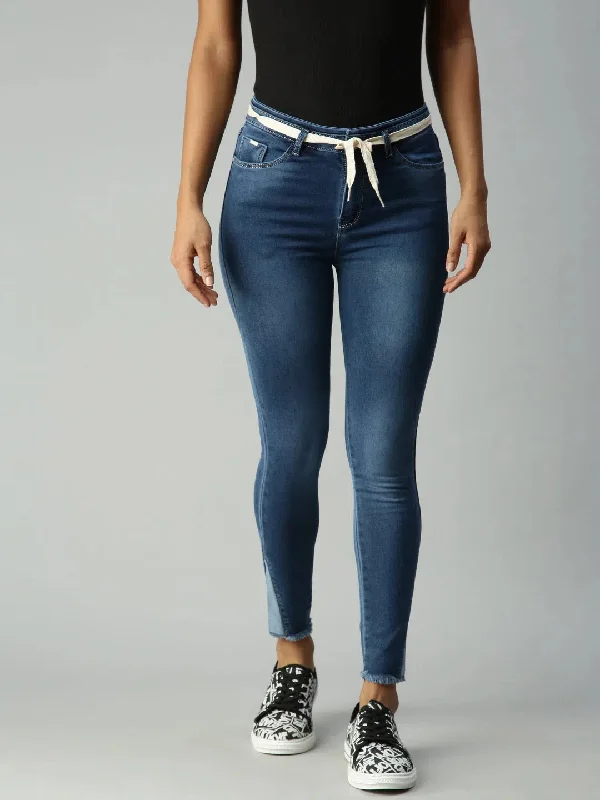 Women's Blue Solid Denim Skinny Jeans-LTA-22076-Blue Elegant Tapered Leg Denim