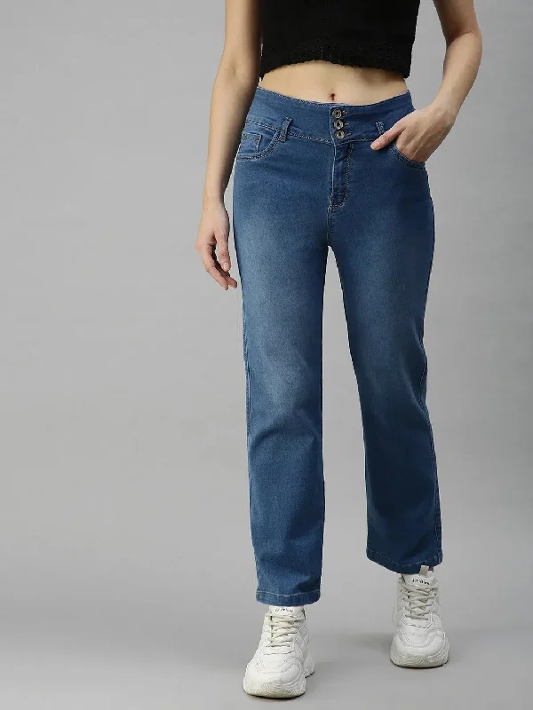 Women's Blue Solid Denim Skinny Jeans-LTSF15903-3-Blue Fashionable Bootcut Jeans