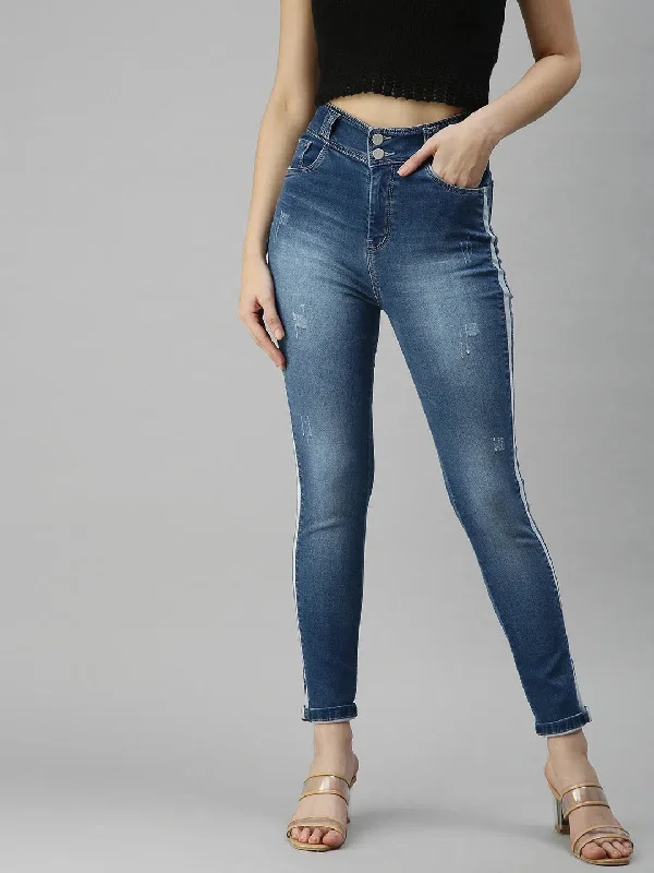 Women's Blue Solid Denim Slim Jeans-LT-22070B-Blue Stylish High-Waist Skinny Denim