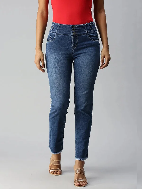 Women's Blue Solid Denim Straight Jeans-CR-7826-Blue Comfortable Faded High-Rise Jeans Women's Blue Solid Denim Straight Jeans-CR-7826-Blue Comfortable Faded High-Rise Jeans