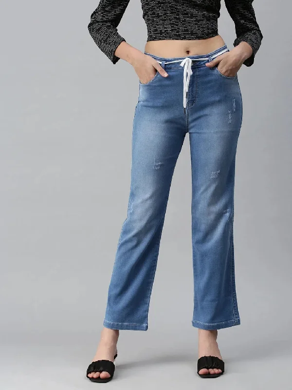 Women's Blue Solid Denim Straight Jeans-LTSF22061-Blue Casual Bootcut Ripped Jeans