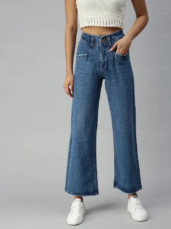 Women's Blue Solid Denim Wide Leg Jeans-GZ5042A-Blue Comfortable Mid-Rise Jeans