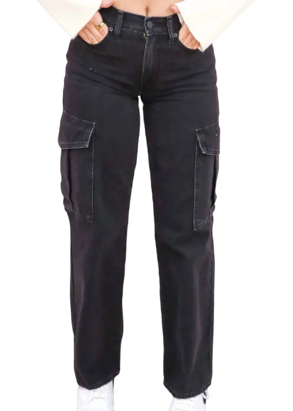Women's Cargo Jeans In Black Trendy Acid Wash Skinny Jeans