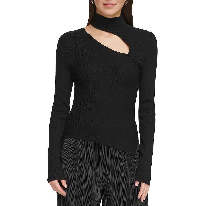 Womens Cutout Mock-Neck Pullover Sweater Solid Print Embellished