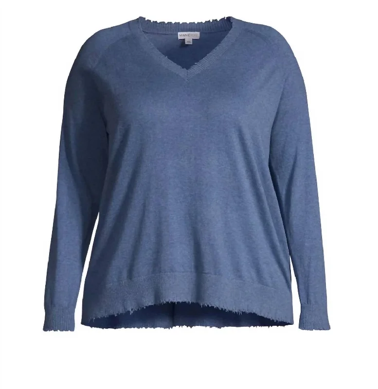 Women's Frayed Edge V Sweater In Harbor Blue Hooded Caped Shawl Collar