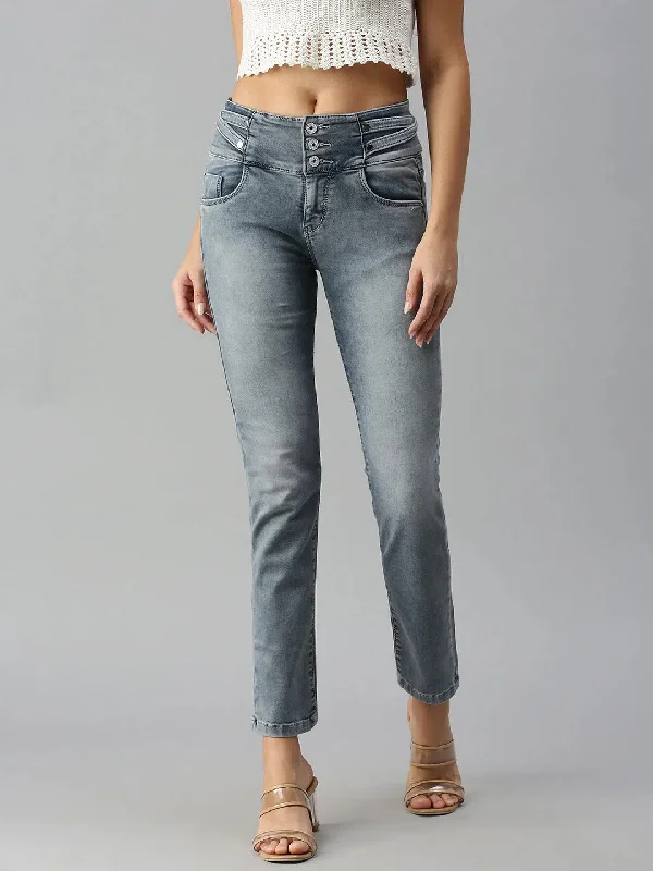 Women's Grey Solid Denim Skinny Jeans-CR-7823-Grey Casual Wide-Legged Denim Jeans
