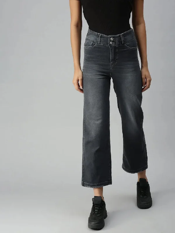 Women's Grey Solid Denim Wide Leg Jeans-IM-9819-Grey Cozy Relaxed Fit Denim Jeans