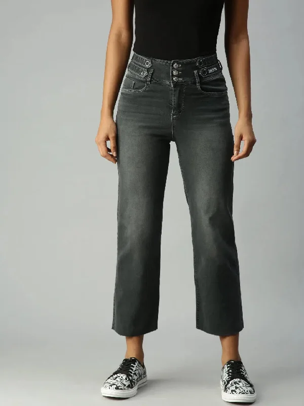 Women's Grey Solid Denim Wide Leg Jeans-IM9821-Grey Chic Vintage-Inspired Denim Jeans Women's Grey Solid Denim Wide Leg Jeans-IM9821-Grey Chic Vintage-Inspired Denim Jeans