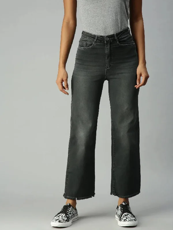 Women's Grey Solid Denim Wide Leg Jeans-IM9894-Grey Casual Straight-Leg Jeans