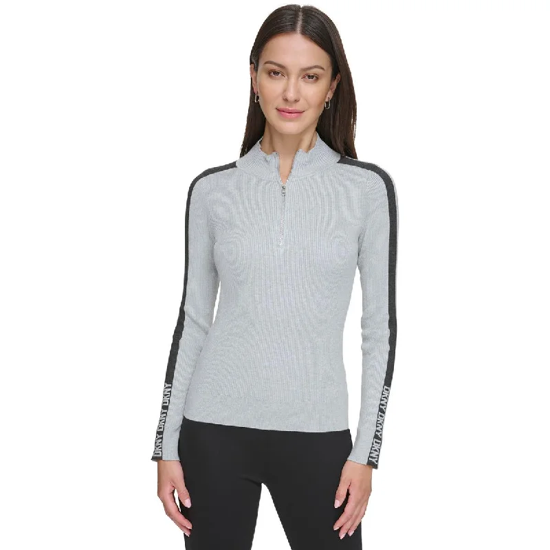 Womens Half-Zip Logo Stripe Mock Turtleneck Sweater Bright Pastel Dark