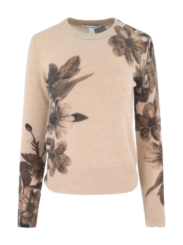 Women's Large Scale Placed Floral Crew Sweater In Cork Combo Fleece Fabric Down Fabric Feather Fabric