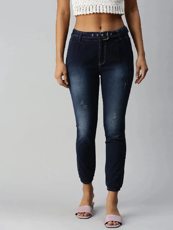 Women's Navy Blue Solid Denim Jeans-LTJO22046-Navyblue Trendy Plus Size Jeans