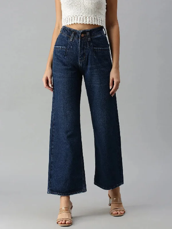 Women's Navy Blue Solid Denim Wide Leg Jeans-GZ5042-Navyblue Trendy Patchwork Denim Jeans Women's Navy Blue Solid Denim Wide Leg Jeans-GZ5042-Navyblue Trendy Patchwork Denim Jeans