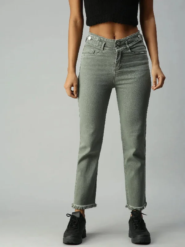 Women's Olive Solid Denim Straight Jeans-IM-9862-Olive Stylish High-Waisted Denim