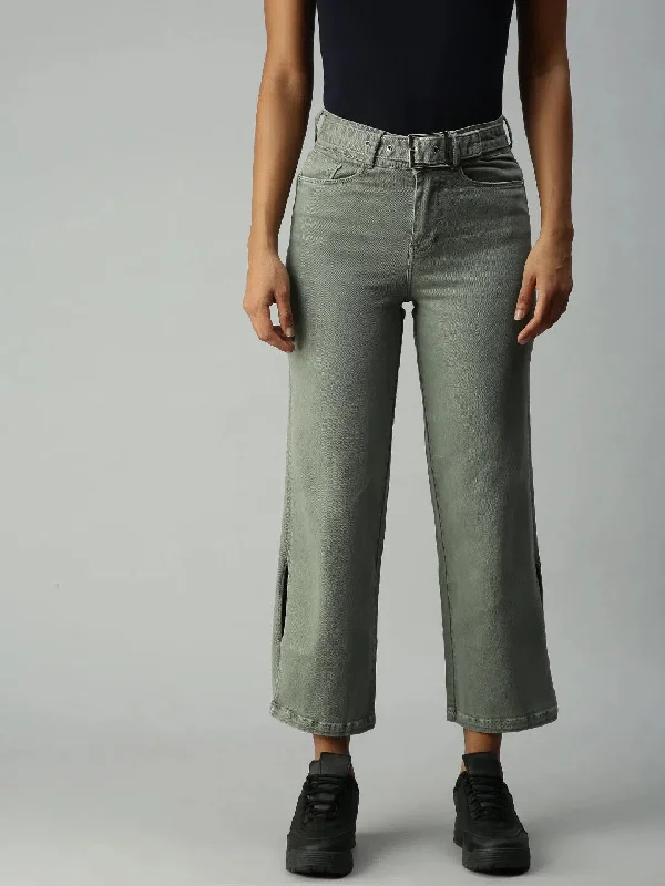 Women's Olive Solid Denim Wide Leg Jeans-IM9811-Olive Fashionable Cropped Denim Jeans Women's Olive Solid Denim Wide Leg Jeans-IM9811-Olive Fashionable Cropped Denim Jeans