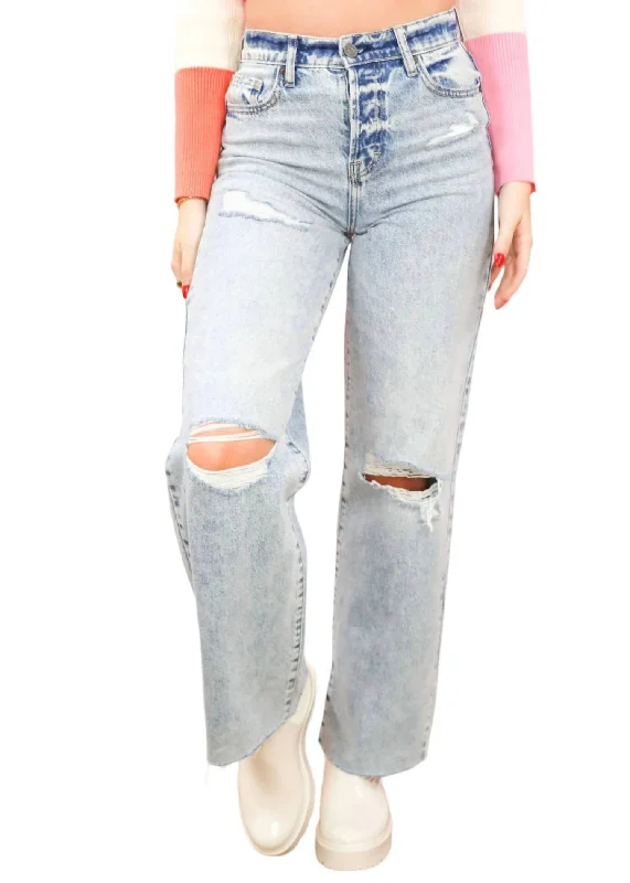 Women's Straight Leg Dad Jeans In Medium Blue Cozy Tencel Blend Denim Jeans