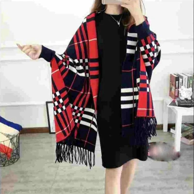 Women's Sweater Cloak Loose Plaid Thick Warmth Classic Outer Knitted Tassel Shawl Sweater Jacket Ladies Temperament Shawl Loose Wrap Anti-Pilling Anti-Shrink Durable