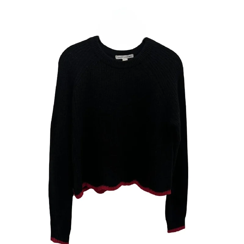 Women's Tipped Scallop Shaker Crew Sweater In Black/ruby Toggled Drawstring Belted